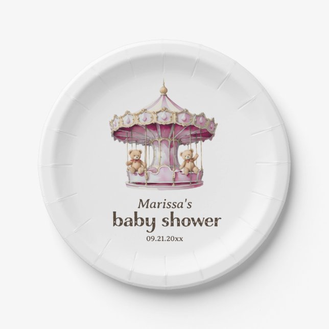 Plato De Papel Teddy Bear doble Chica Baby Shower Placa de papel (Anverso)