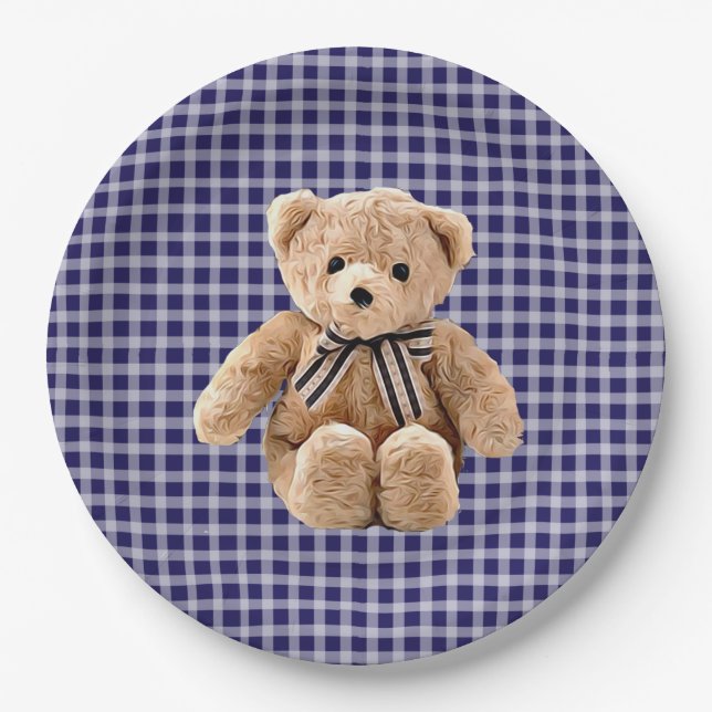 Plato De Papel Teddy Bear Fiesta de rayas azules (Anverso)