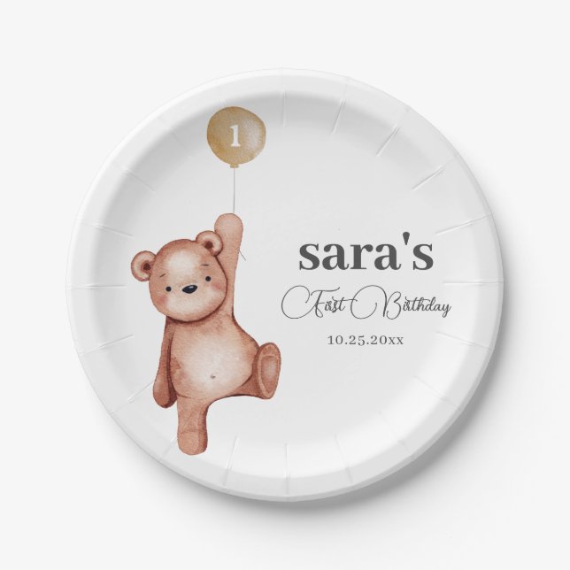 Plato De Papel Teddy Bear First Birday Party (Anverso)