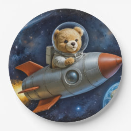 Plato De Papel Teddy Bear Flying In a Rocket Ship