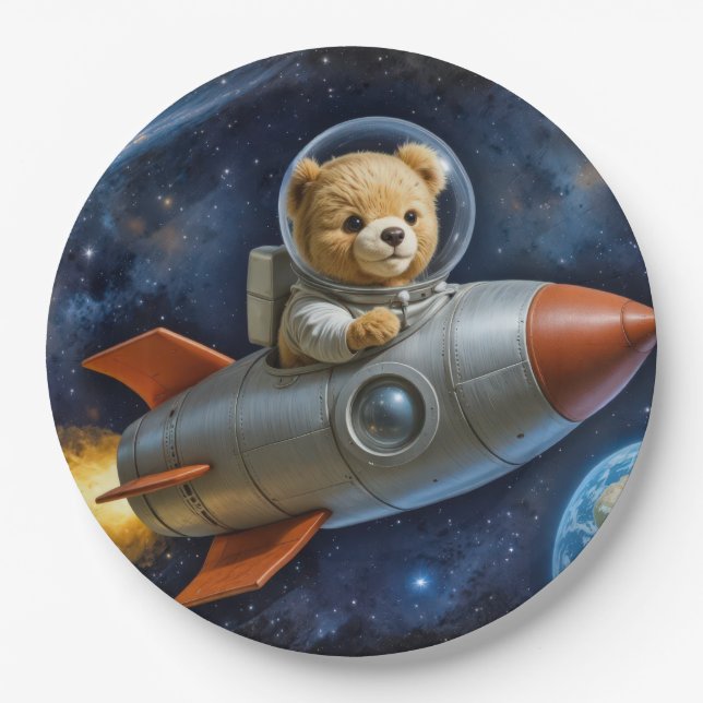 Plato De Papel Teddy Bear Flying In a Rocket Ship (Anverso)