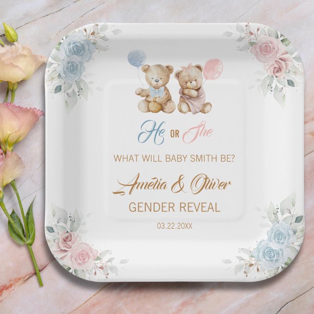 Plato De Papel Teddy Bear Gender Reveal Pastel Florals (Subido por el creador)