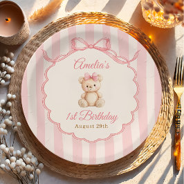 Plato De Papel Teddy Bear Girls Pink Bow Stripes 1st Birthday