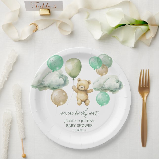Plato De Papel Teddy Bear Globons Green Sky Baby Shower (Boda)