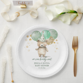 Plato De Papel Teddy Bear Globos Green Gold Baby Shower