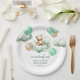 Plato De Papel Teddy Bear Globos Green Gold Sky Baby Shower