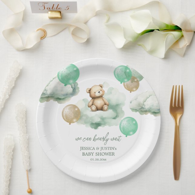 Plato De Papel Teddy Bear Globos Green Gold Sky Baby Shower (Boda)
