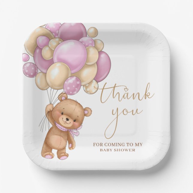 Plato De Papel Teddy Bear Globos Rosa Baby Shower Gracias (Anverso)