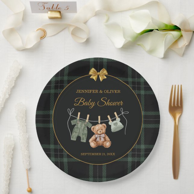 Plato De Papel Teddy Bear Green Plaid Baby Shower (Boda)