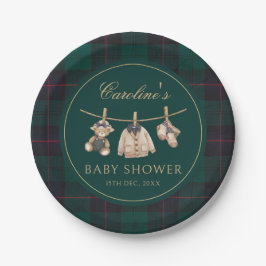 Plato De Papel Teddy Bear Green Tartan Baby Shower Paper Plates