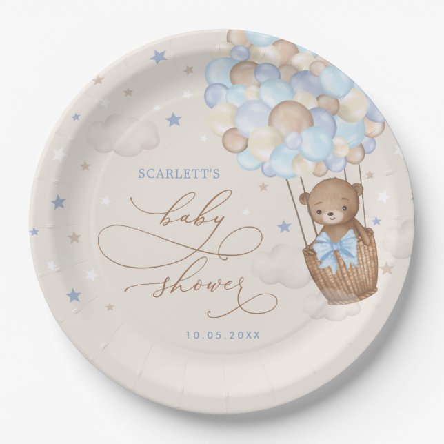 Plato De Papel Teddy Bear Hot Air Balloon Blue Brown Baby Shower (Anverso)