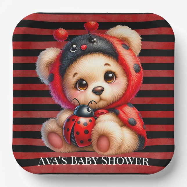 Plato De Papel Teddy Bear Ladybug Stripes Chica Baby Shower (Anverso)