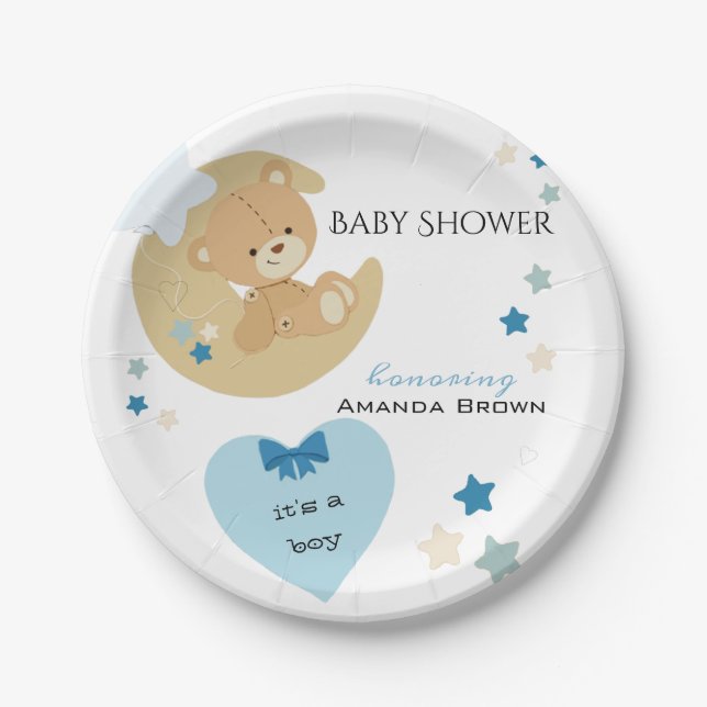 Plato De Papel Teddy Bear Love Baby Boy Shower | (Anverso)