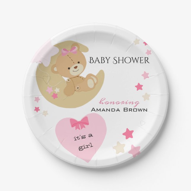 Plato De Papel Teddy Bear Love Baby Girl Shower (Anverso)