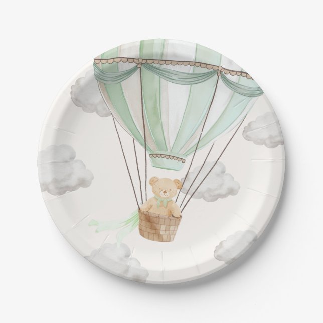 Plato De Papel Teddy Bear Mint Green Hot Air Balloon (Anverso)
