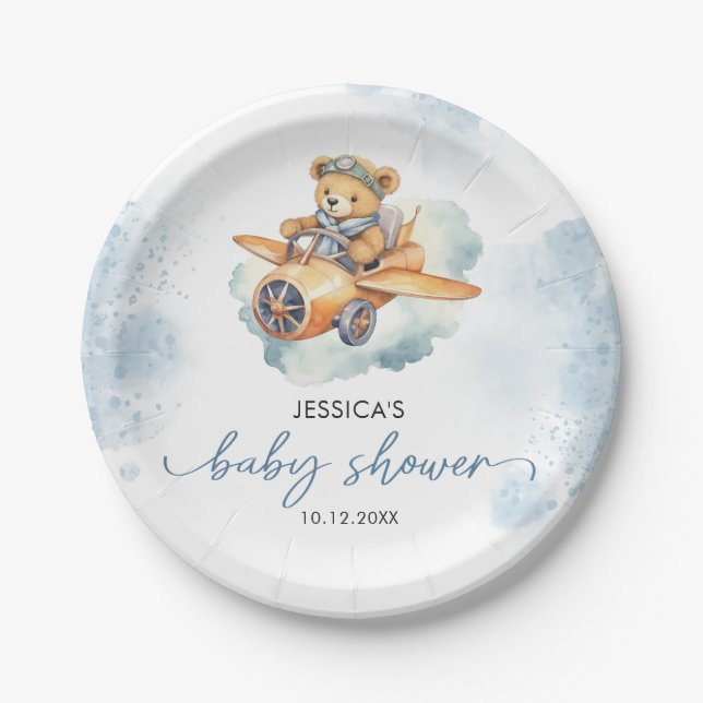 Plato De Papel Teddy Bear Pastel Baby Shower Boy (Anverso)