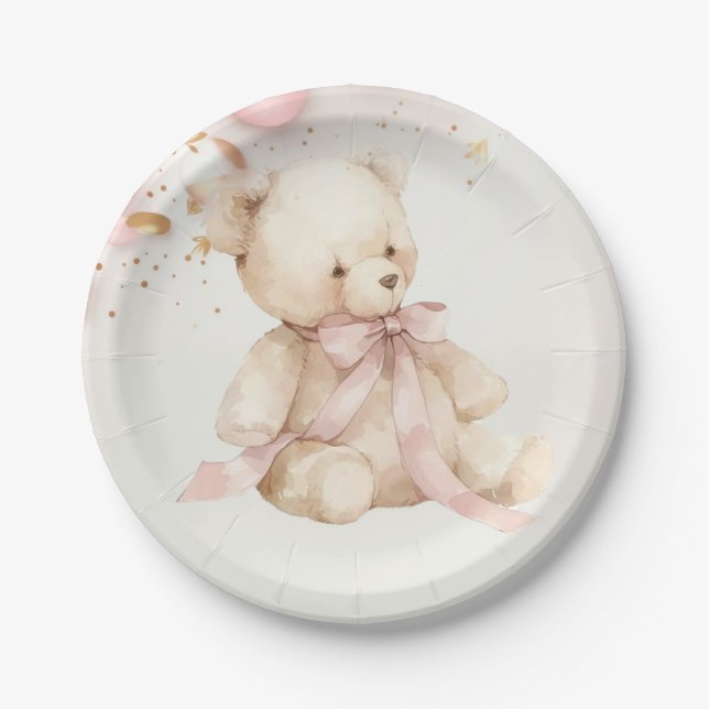 Plato De Papel Teddy Bear Pink Champagne Gold Party Plates (Anverso)