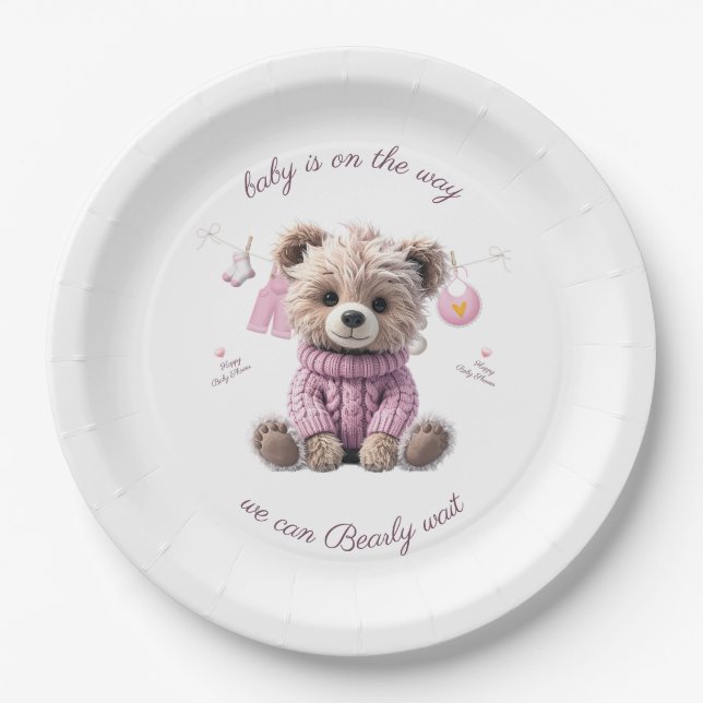 Plato De Papel Teddy Bear pink jumper Happy Baby Shower (Anverso)