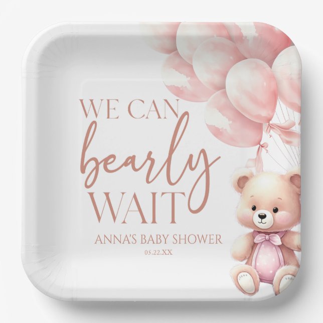 Plato De Papel Teddy Bear Pink Podemos Esperar Baby Shower (Anverso)
