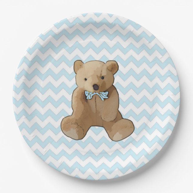 Plato De Papel Teddy Bear placa Fiesta a rayas azules y blancas (Anverso)