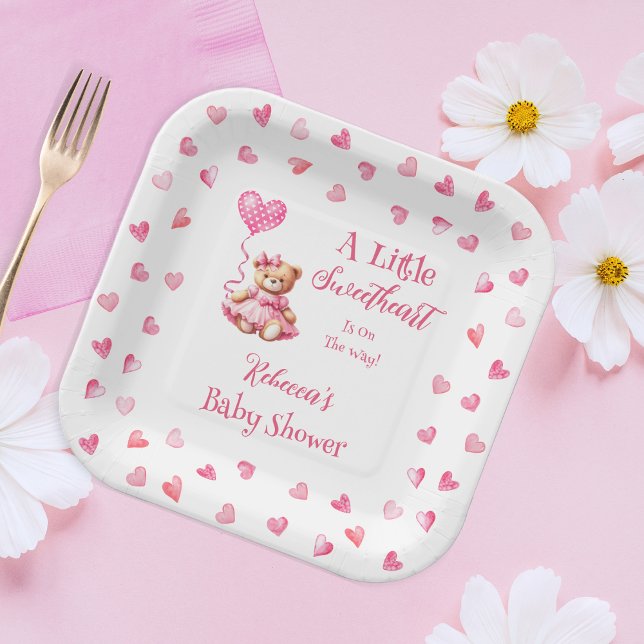 Plato De Papel Teddy Bear Un Poco Querido Chica Baby Shower (Teddy Bear Pink Hearts Girl Baby Shower Paper Plates - "A Little Sweetheart" Teddy Bear Collection)