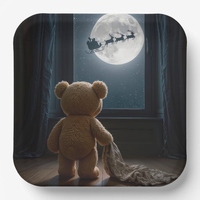 Plato De Papel Teddy Bear Watching Santa Claus and Reindeer (Anverso)