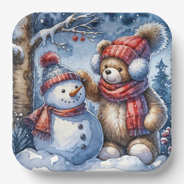 Plato De Papel Teddy Bear y Snowman (Anverso)