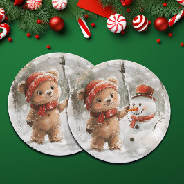 Plato De Papel Teddy Bear y Snowman
