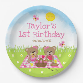Plato De Papel Teddy Bears Picnic Pink Gingham Birthday