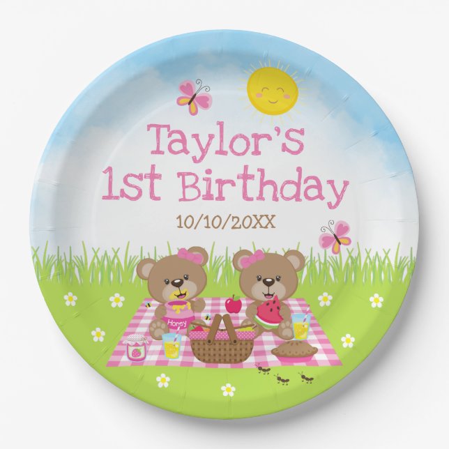 Plato De Papel Teddy Bears Picnic Pink Gingham Birthday (Anverso)
