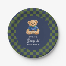 Plato De Papel Teddy Beary 1st Birthday Checkboard Retro