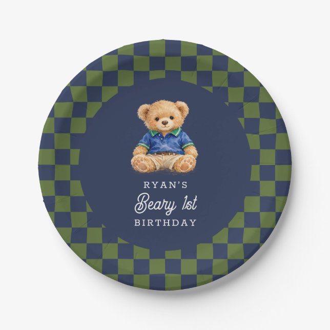 Plato De Papel Teddy Beary 1st Birthday Checkboard Retro (Anverso)