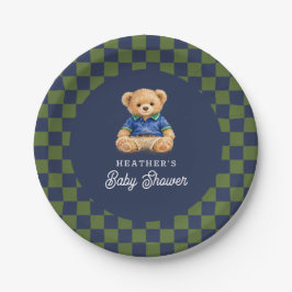 Plato De Papel Teddy Beary Checkboard Retro Baby Shower
