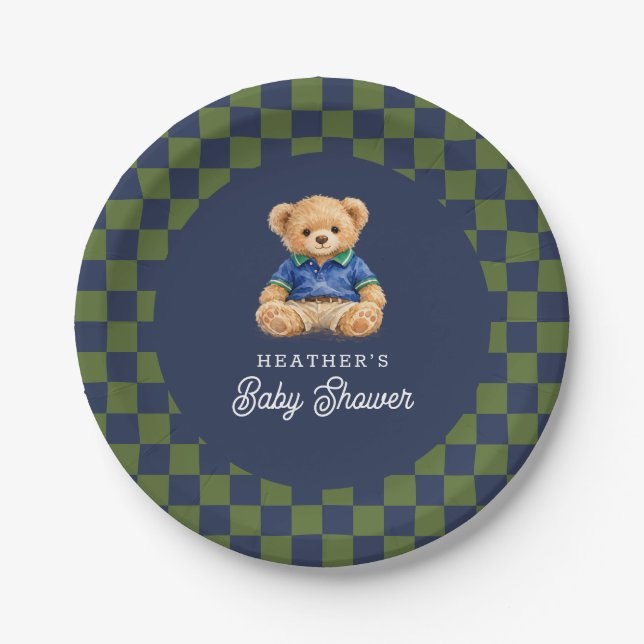 Plato De Papel Teddy Beary Checkboard Retro Baby Shower (Anverso)