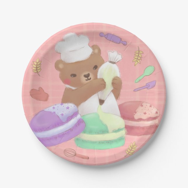 Plato De Papel Teddy el panadero con los macarones (Anverso)