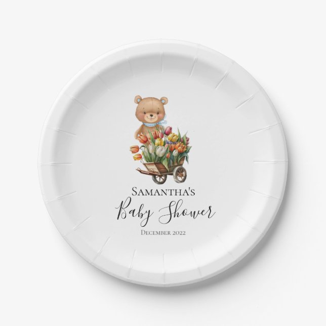 Plato De Papel Teddy Floral Boy Placas Rusticas De Papel Azul (Anverso)