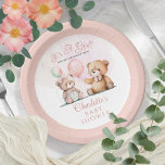 Plato De Papel Teddy Oce es un Chica espera temprano Baby Shower<br><div class="desc">Un par de osos dulces de peluche sosteniendo globos "¡Es un Chica y podemos esperar temprano!" Diseño Baby Shower.</div>