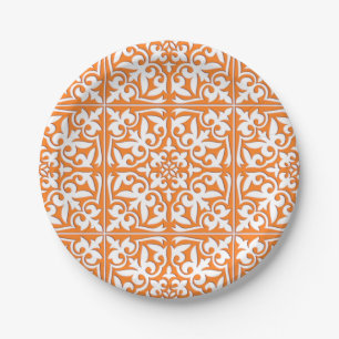 Plato De Papel Teja marroquí - naranja coralino y blanco