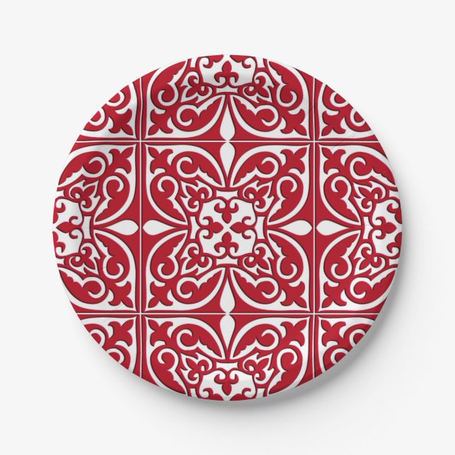 Plato De Papel Teja marroquí - rojo oscuro y blanca (Anverso)