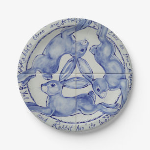 Plato De Papel Tejas de conejo azul y medallón blanco