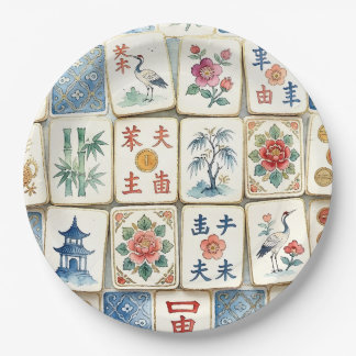 Plato De Papel Tejas de Mahjong Chinoiserie Flores Acuarela Pájar