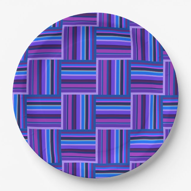 Plato De Papel Tejidos de rayas azules y violetas (Anverso)