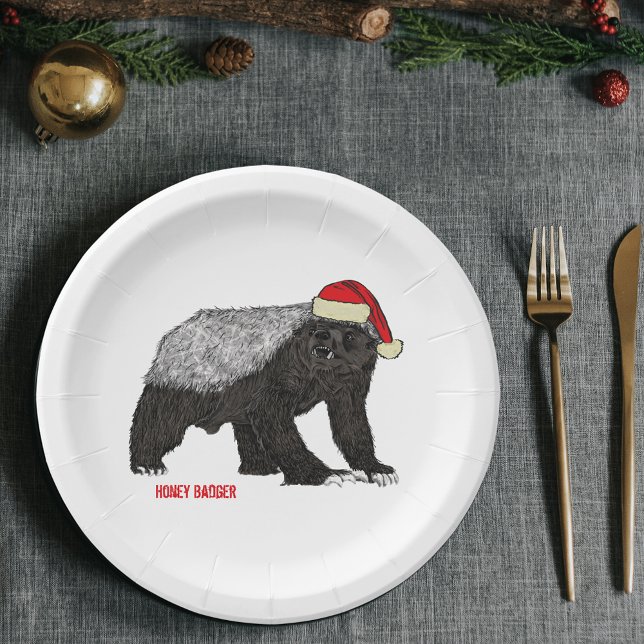 Plato De Papel Tejón Mielero de Navidad (Christmas honey badger holiday paper plates funny honey badger wearing a Santa hat)