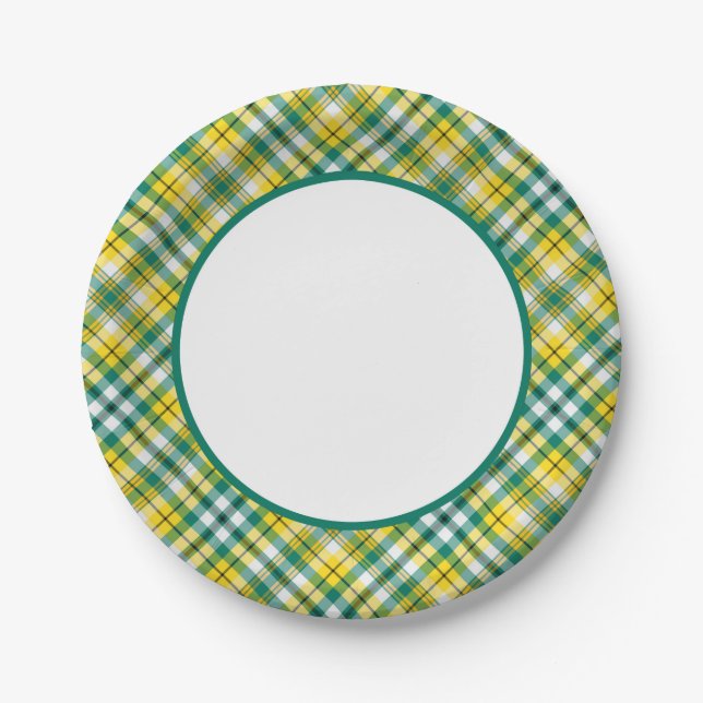 Plato De Papel Tela escocesa deportiva del oro verde y amarillo (Anverso)