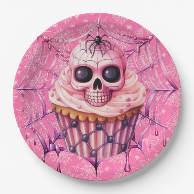 Plato De Papel Telarañas rosadas de Halloween (Anverso)