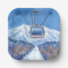 Plato De Papel Teleférico de esquí Montaña nevada Acuarela