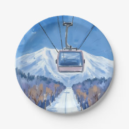 Plato De Papel Teleférico de esquí Montaña nevada Acuarela