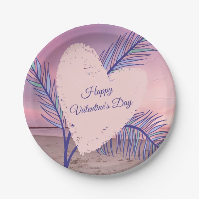 Plato De Papel Tema Costero Pastel Valentine Playa Rosa Sunset (Anverso)