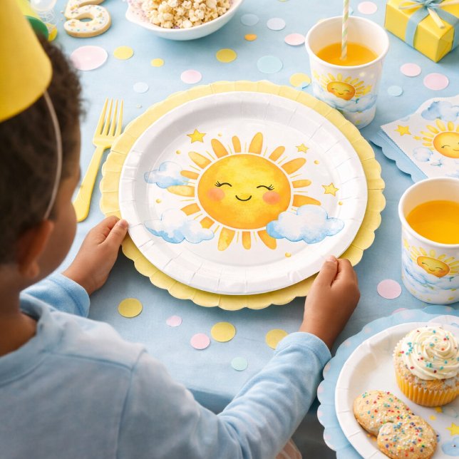 Plato De Papel Tema de Baby Shower Nubes Azules Sol Sonriente (Subido por el creador)
