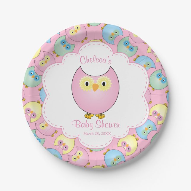 Plato De Papel Tema de Baby Shower Pastel Pink Owl (Anverso)